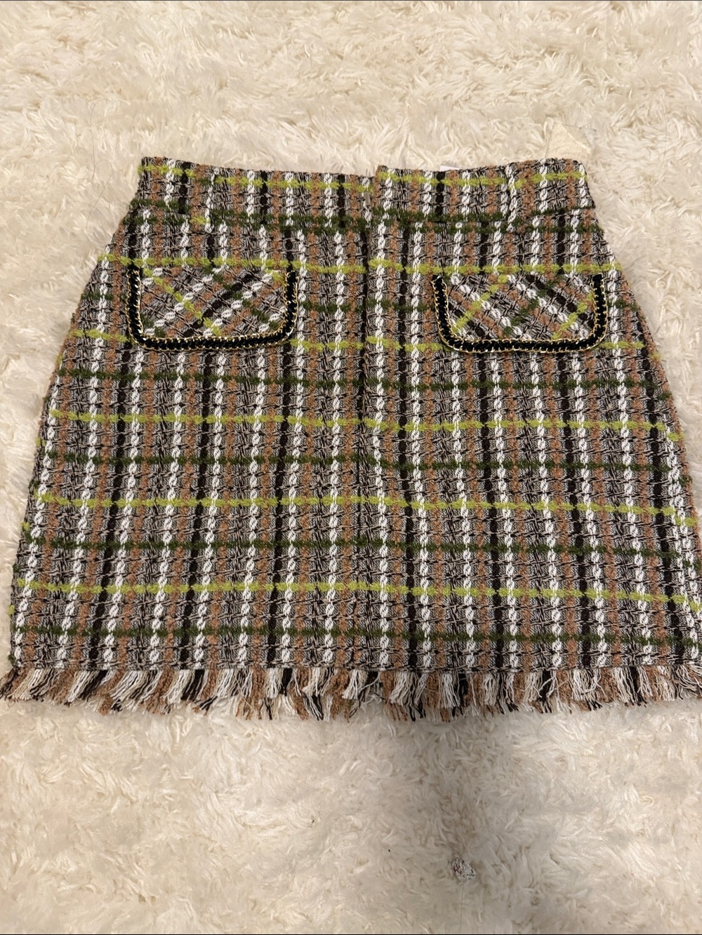 Walter Baker Tweed Mini Skirt in Olive & Brown Plaid